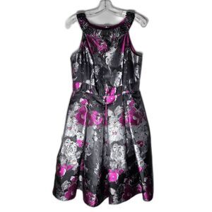 Muse Floral Brocade Jacquard Party Dress Magenta Silver Grey Sleeveless Size 10
